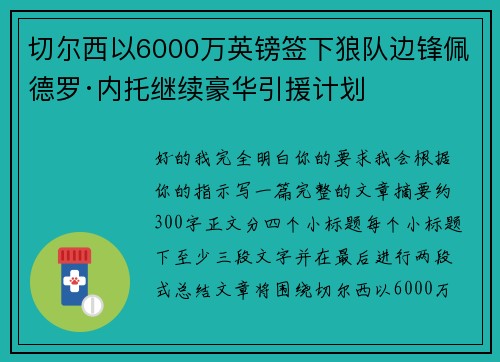 切尔西以6000万英镑签下狼队边锋佩德罗·内托继续豪华引援计划